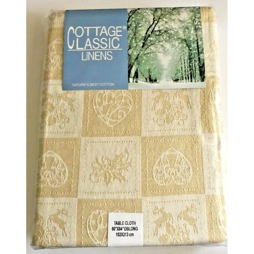 Christmas Jacquard Gold Tablecloth Textured Woven Reindeer Angels 60x84